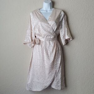 Savanna Jane Champagne Leopard Print Wrap Dress Satin Kimono Sleeve Women Large
